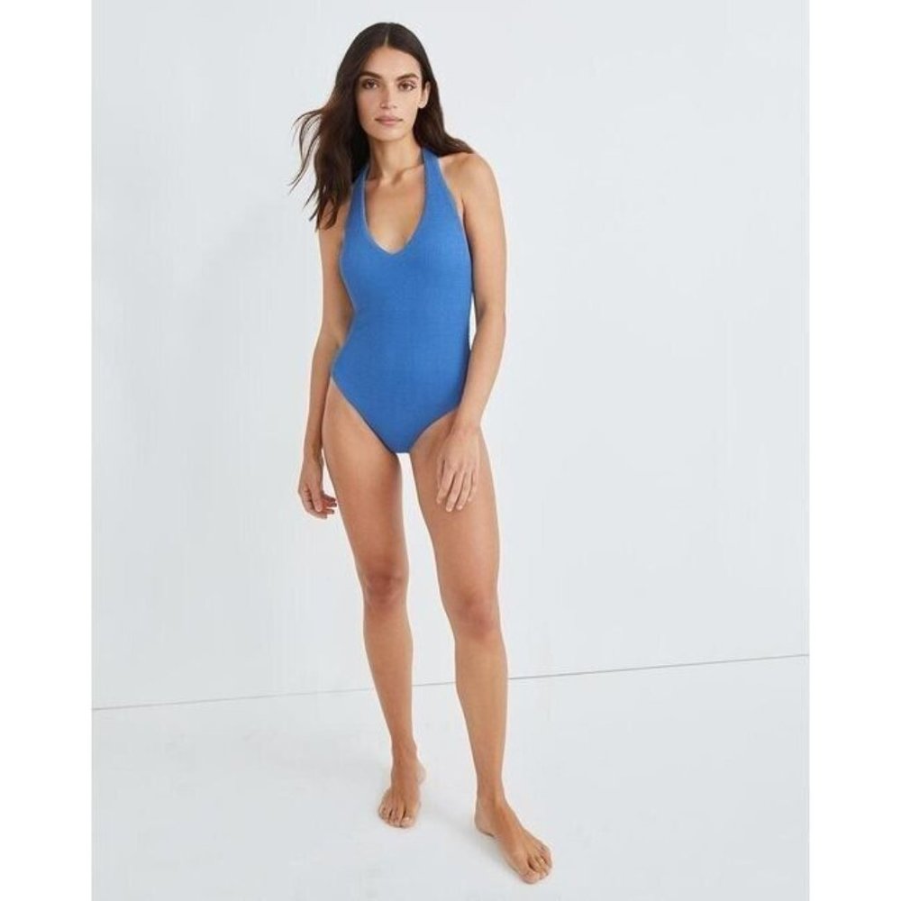 NWT VERONICA BEARD Salis Crinkle Halter One Piece Swimsuit Riviera Blue